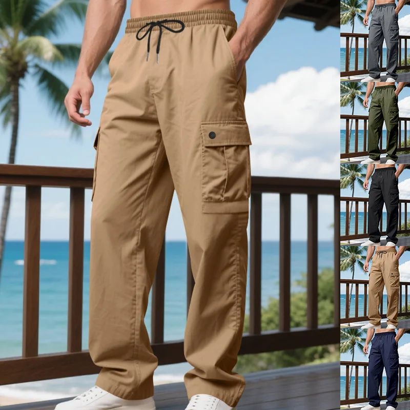 Casual Men Cargo Pants High Elastic Drawstring Waist