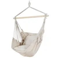 Beige Hammock Chair Swing Hanging Rope Net Chair Porch Patio with 2 Cushions 1