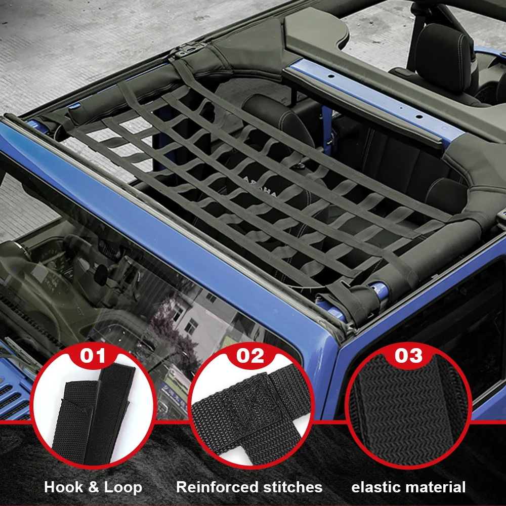 Rete Portaoggetti BULYZER Per Jeep Wrangler (1987-2024) – Amaca Da Tetto In Mesh Nero, Capacità 99,8 Kg