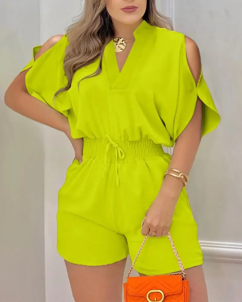 Summer New Romper Women Short Jumpsuits Fashion Cold Shoulder Batwing Sleeve V-Neck Drawstring Shirred Romper Womens Clothing