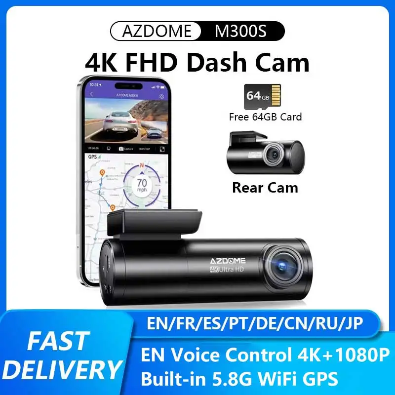 AZDOME M300S 4K Dash Cam Voice Control Car DVR Built-in GPS WiFi