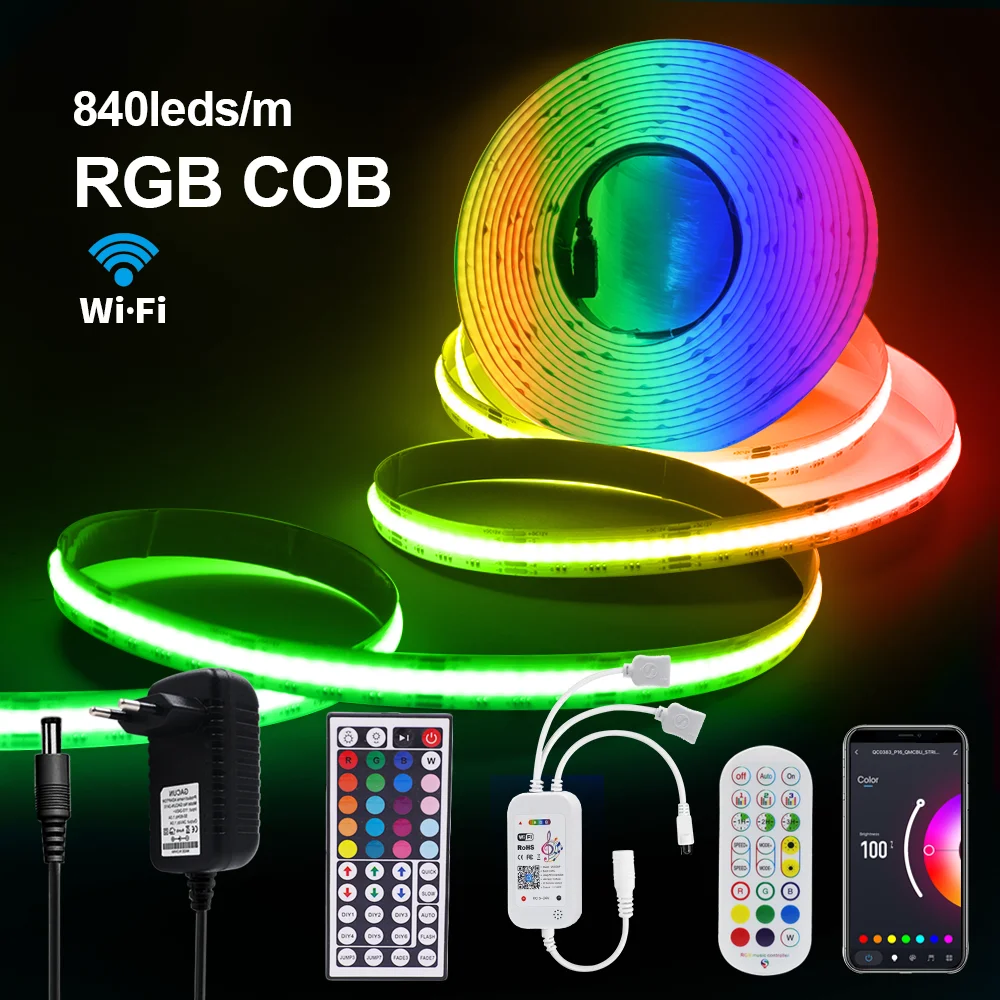 RGB COB LED Strip Light WIFI Bluetooth APP Control 840LEDs/M High Density Flexible Colorful FCOB LED Tape TV Backlight 12V 24V