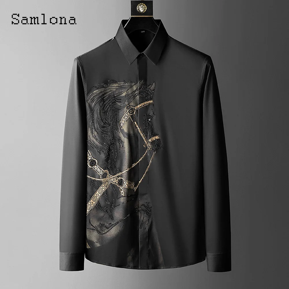 

Plus Size 4XL Mens Elegant Horse Printed Shirts Lepal Collar Shirt blusas Homme Ropa Sexy Tunic Blouse Masculina Camisa Tops