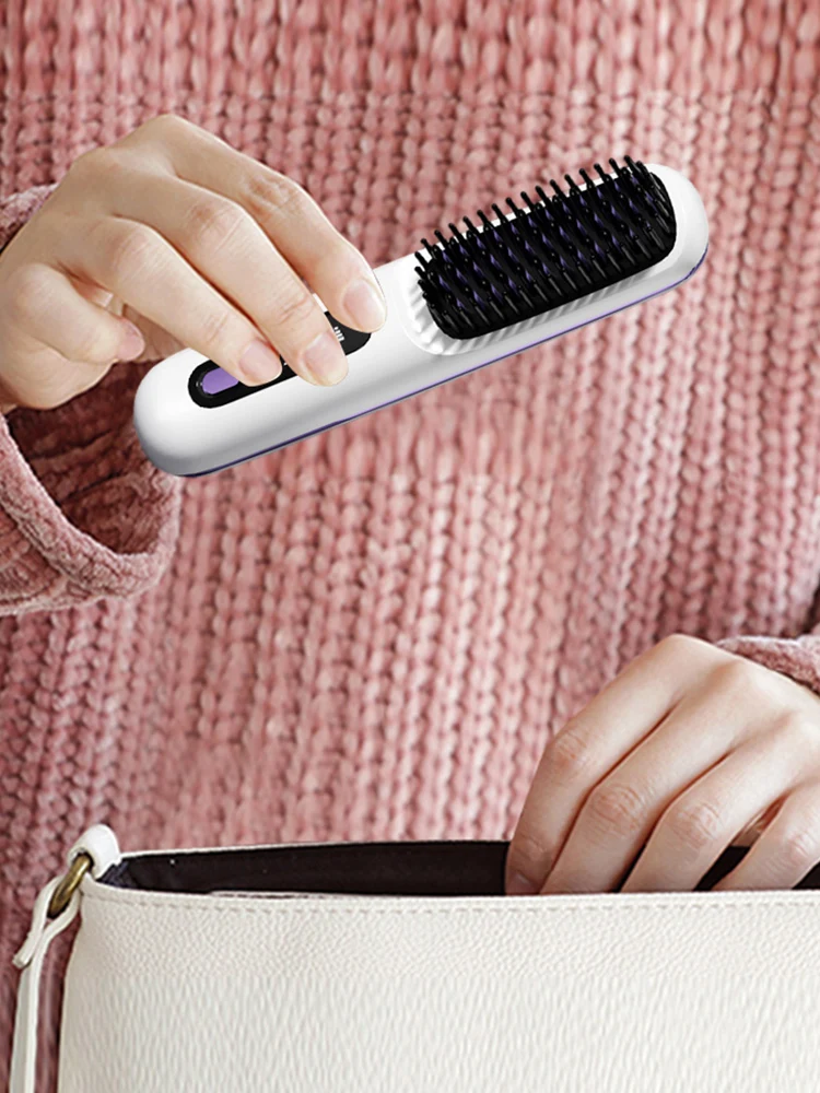 alt="Rechargeable cordless hair straightening brush with three temperature options for travel.
