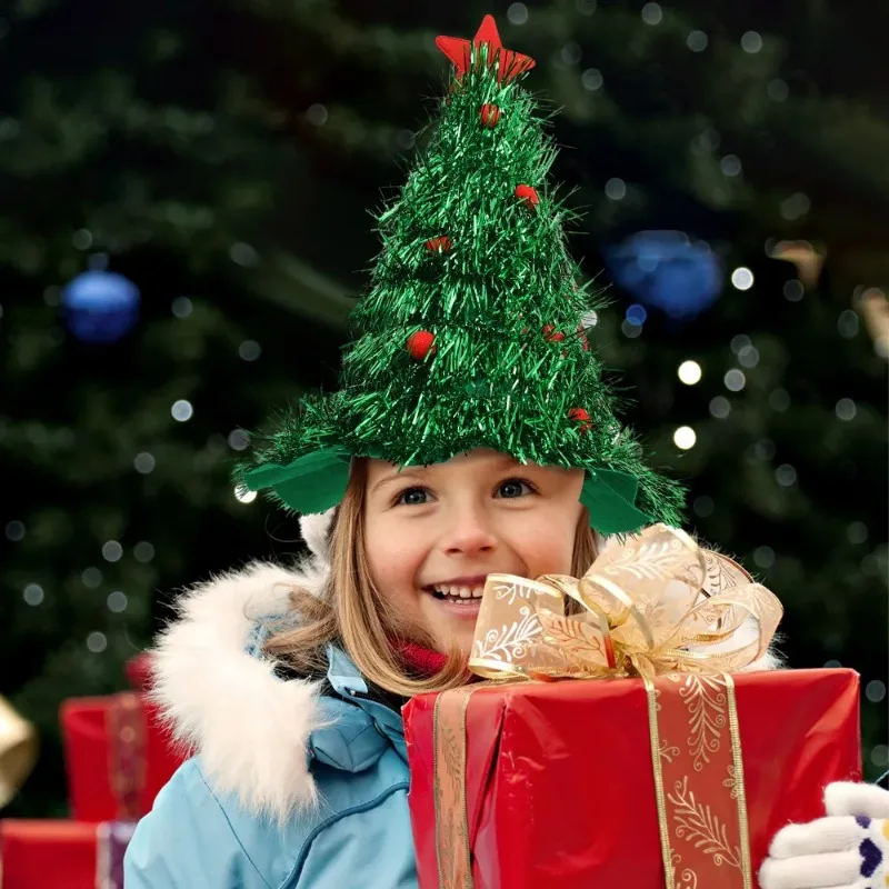 Christmas Tree Hats Fabric Rain Silk Hat for Adults Kids Funny Santa Hat with Tinsel Xmas Holiday Party Costume New Year Decor