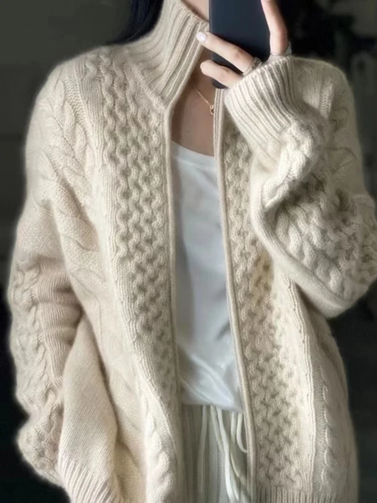 novo grosso gola alta lã de malha cardigan outono inverno feminino solto quente camisola cardigans tamanho larg jaqueta feminina topo