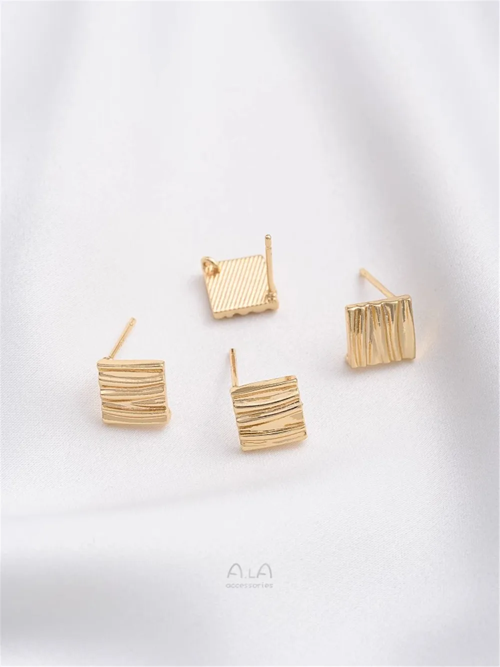 14K Gold Wrapped Wrinkled Striped Square Diamond Earrings with Hanging Rings 925 Silver Needles DIY Handmade Ear Accessories 10pcs square flat metal rings handbag handles clutch clasp diy replacement bag strap buckles accessories parts leather crafts