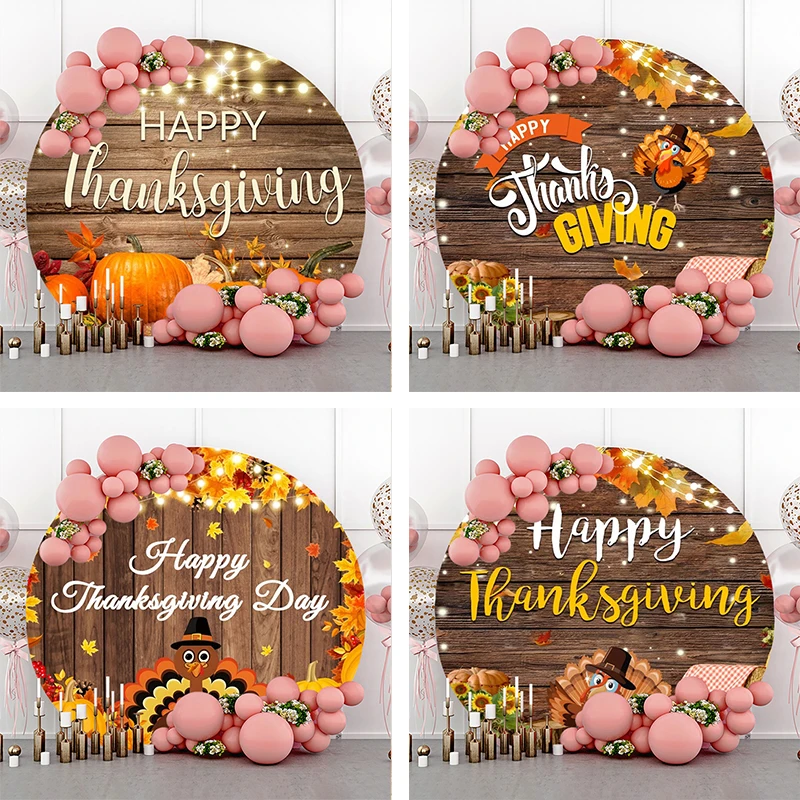 

Happy Thanksgiving Backdrop Round Cover Friendsgiving Decorations 2023 Banner Turkey Fall Festival Party Circle Photo Background
