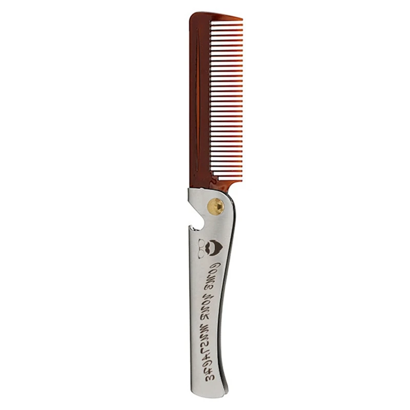 

2 Pcs Brown Men Folding Pocket Comb PP Teeth Detangling Hair Beard Comb Metal Handle Foldable Combing Mustache Comb