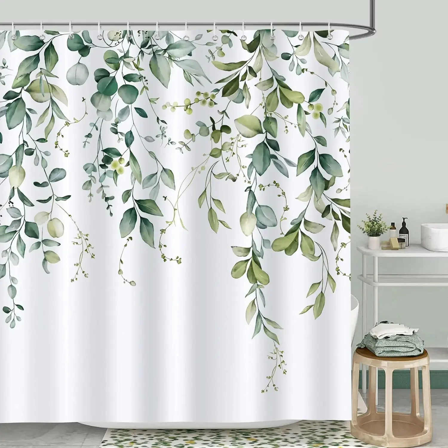 Tropical Palm Leaves Shower Curtain Set with Seasonal Decor Accents