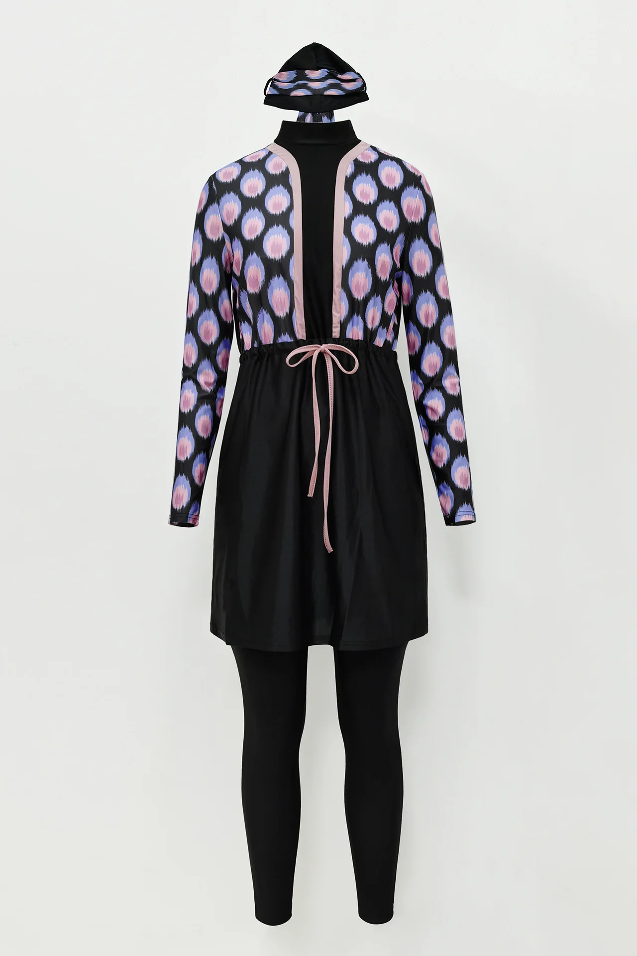 Stylish purple print burkini with comfortable slim-fit design and modest coverage
