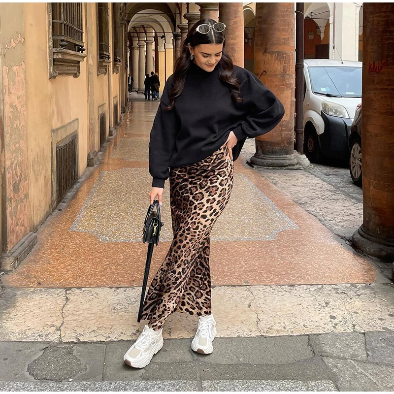 Faldas largas con estampado de leopardo para mujer, elegantes, holgadas, de cintura alta, estilo midi, informales, de verano