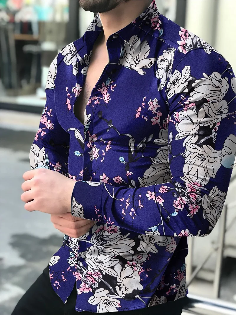 

2022 New Men's Summer Casual Shirts Fashion Casual Shirt Stylish Lapel Pattern Print Long Sleeve Beach Shirt Tops Men Clothing