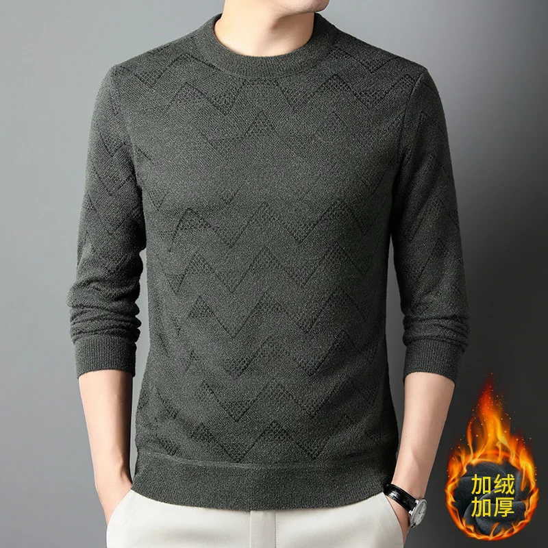 Autumn Winter Round Neck Jacquard Hollow Out Jumpers Hombre Add Plush Bottomed Knitting Pullovers Men Solid Color Casual Sweater