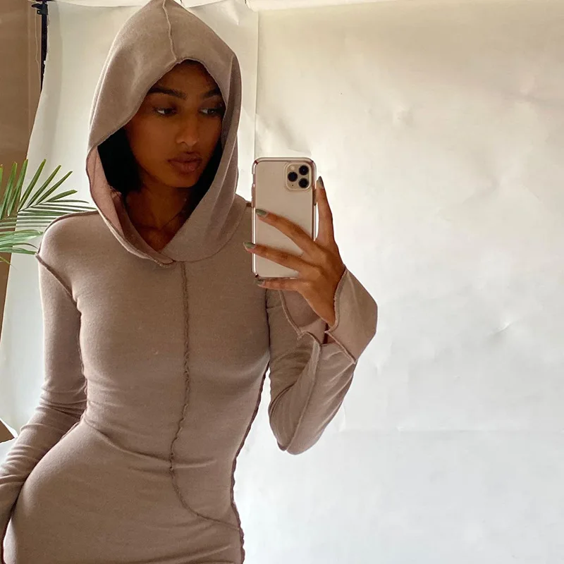 

European and American 2023 Spring Explosive New Anti-car Hooded Long-sleeved T-shirt Dress
