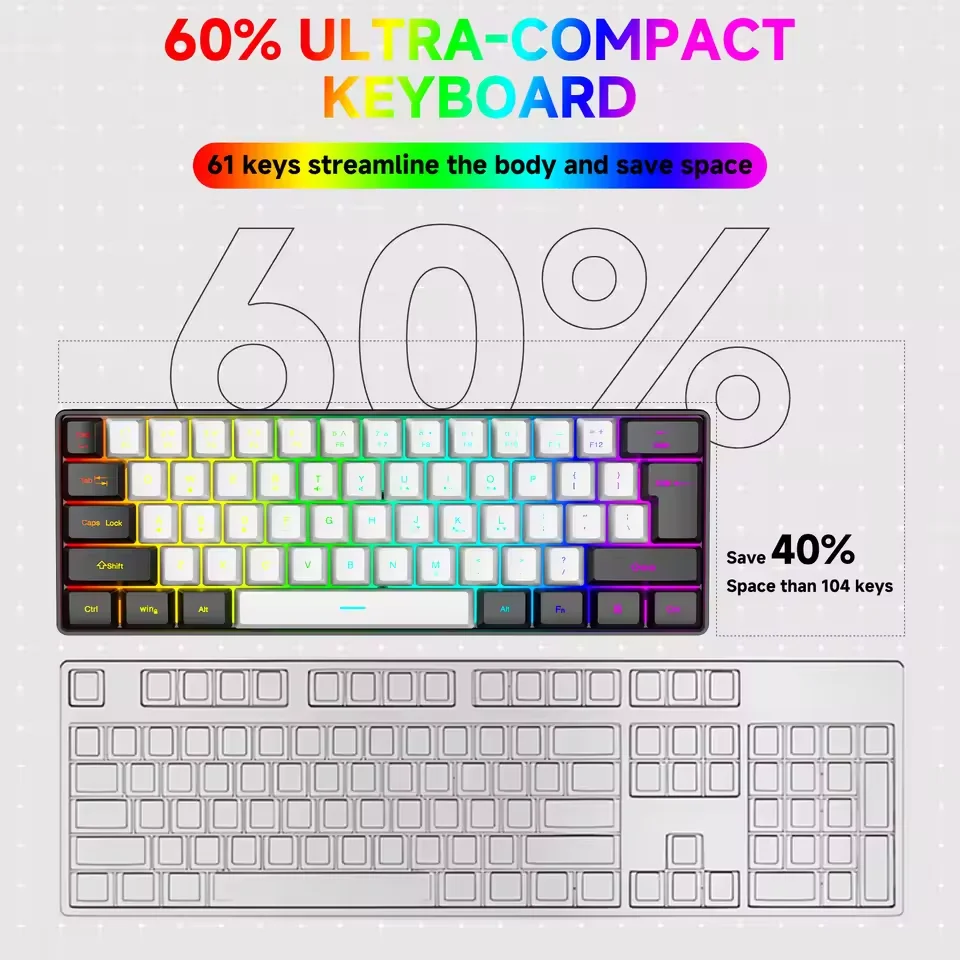 2026 새로운 휴대용 유선 미니 기계식 키보드 K61 미니 키보드 유선 61 키 팬텀 RGB, 블랙 화이트 레드 레드/블루 스위치 신제품
