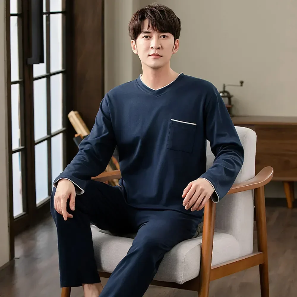 

Autumn Clothes Size Sleepwear Suit Casual 4XL Wear Patchwork Striped Home Men Set Fashion Cotton Winter Plus Loose Pajamas