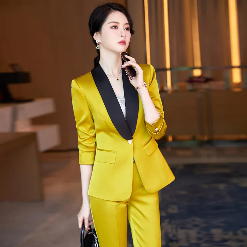 

IZICFLY New Style Spring Autumn Yellow Office Blazer And Pants Suits For Women 2022 Business OL 2 Piece Set Outfits Work Wear