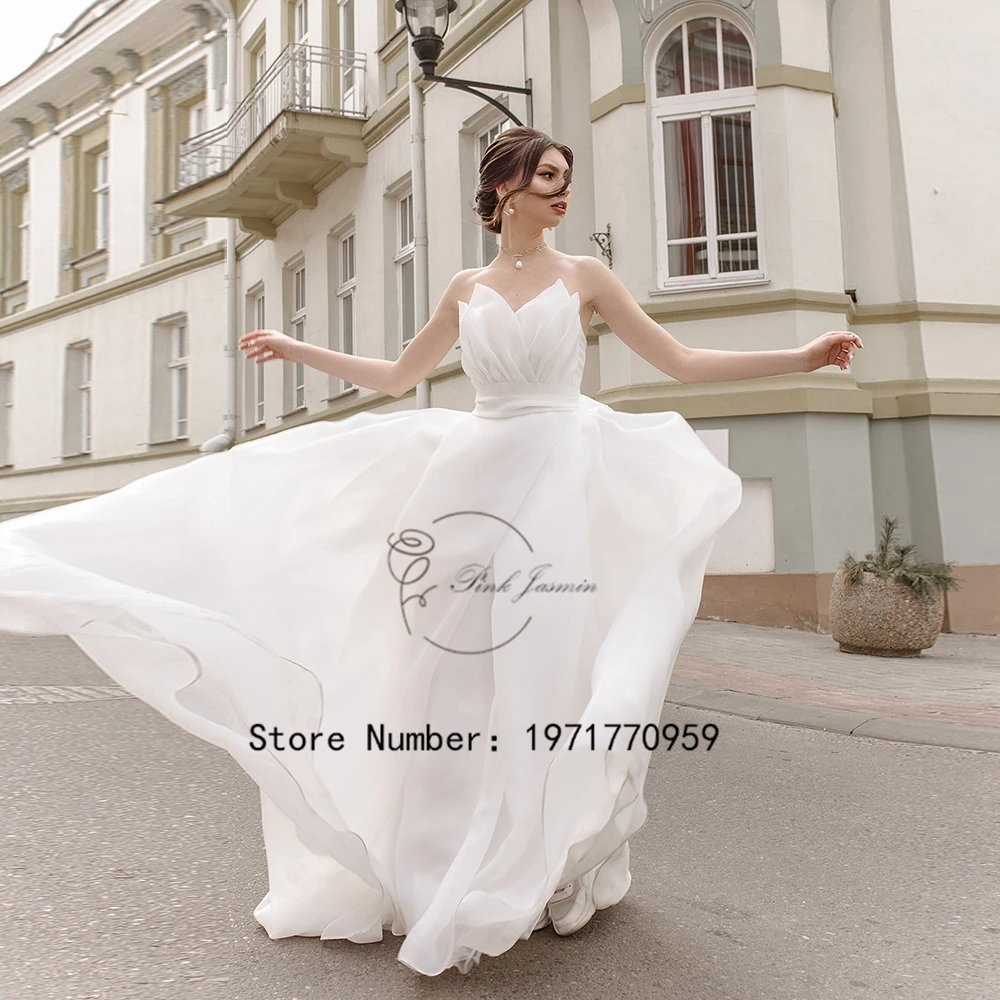 Strapless Wedding Dress For Women White High Quality Organza Sleeveless Bridal Gown Custom Back Court Train Vestido De 2024 New 4