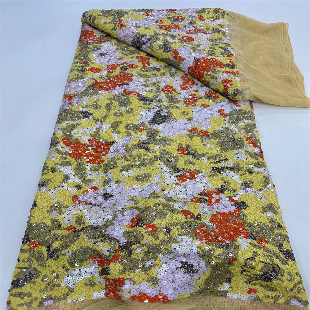 

African Beads Lace Fabric 2024 High Quality Lace 5 Yards French Nigerian Groom Sequins Lace Fabrics For Wedding Party rf-0400