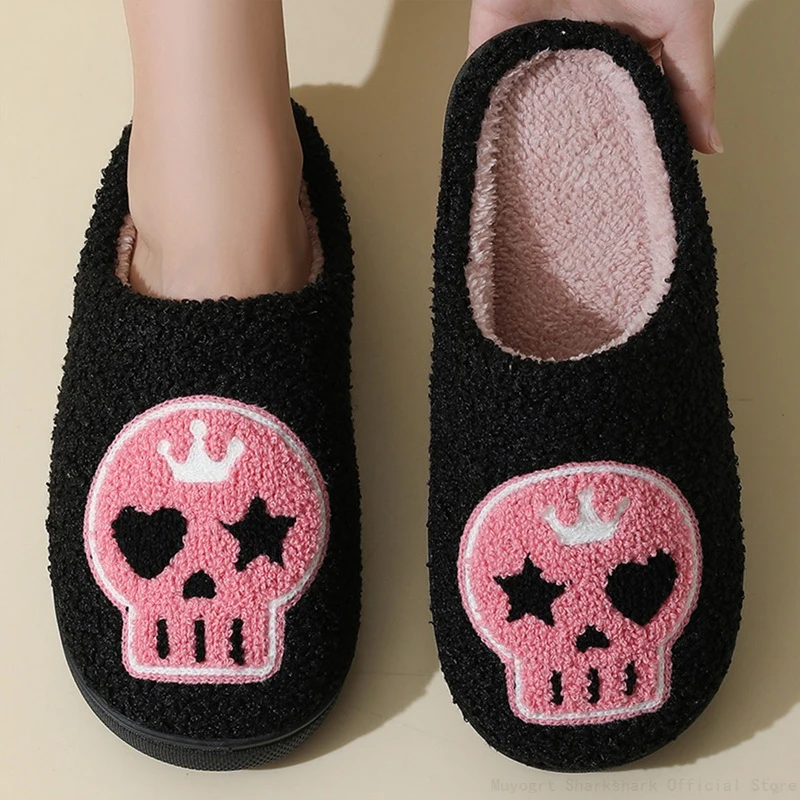 Halloween Plush Slippers Y2k Skull  Black Home Shoes Thick-Soled Furry Cotton Slippers Cute Warm Non-Slip Indoor Slippers 6