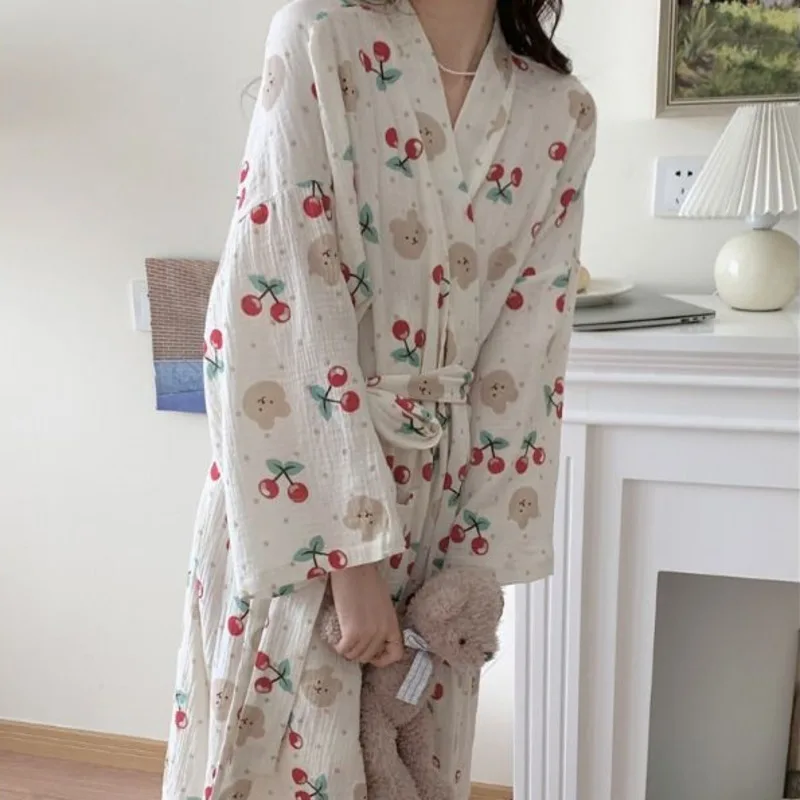 Robe Women Cotton Floral Long Sleeve Nightwear Shower Bathrobe Kimono Cute Sweet Women's Sleepwear Pajamas Dressing Gowns Robes