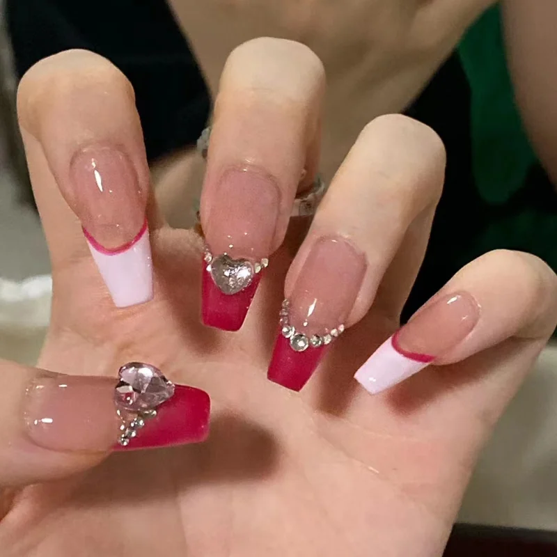 

24pcs Heart Diamond Red and White French False Nails Set Press on Reusable Fake Stick-on Full Cover Nails with Glue Artificial