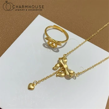 여성을 위한 24K 골드 도금 주얼리 세트, 나비 매듭 매력 목걸이 & 반지 칼라 2 피스 쥬얼리 세트 액세서리 파티 선물 비쥬