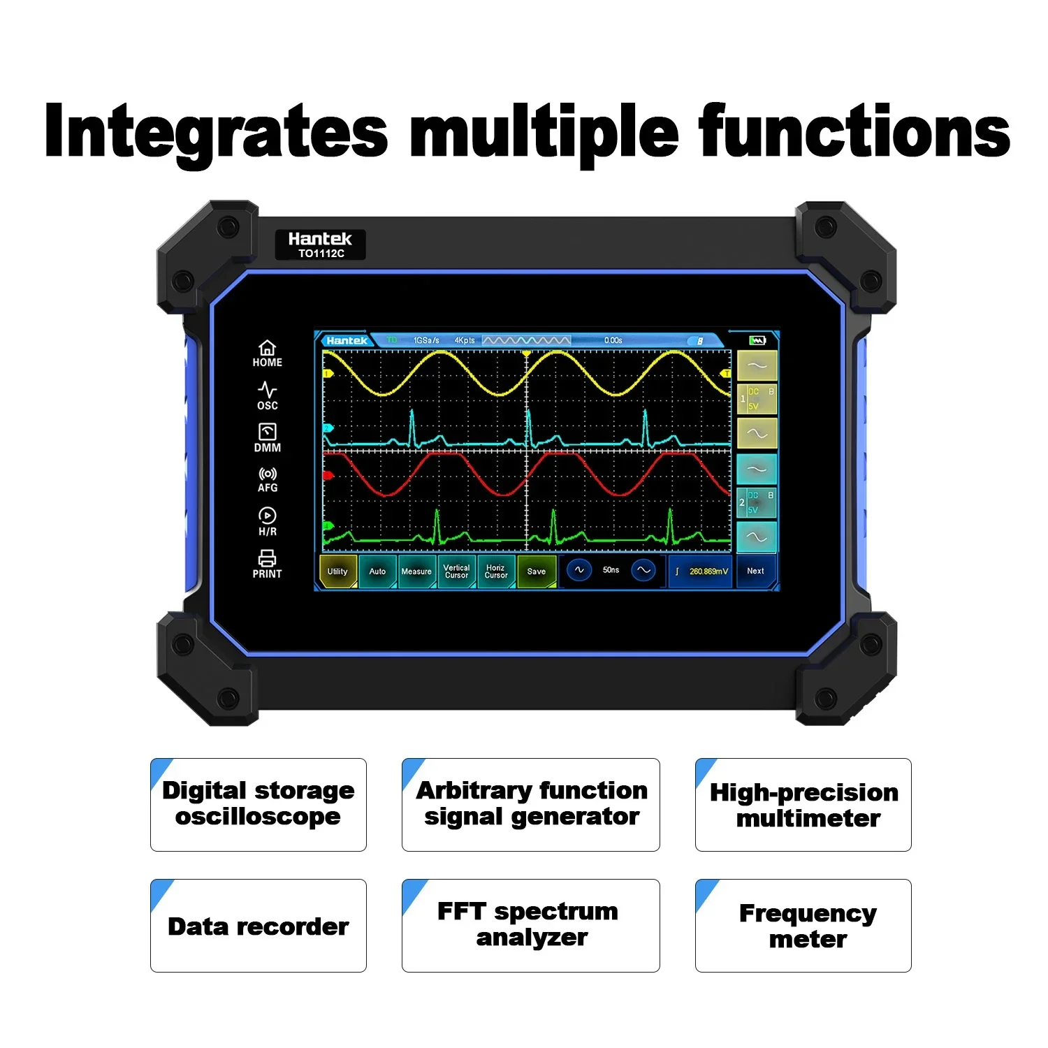 Digital Multimeter Digital Oscilloscope Signal Generator Digital Tester Hantek Portable Handheld Touch Screen digital Oscilloscope 110Mhz 2-Channels + multimeter + Waveform Generator TO1112C TO1112D