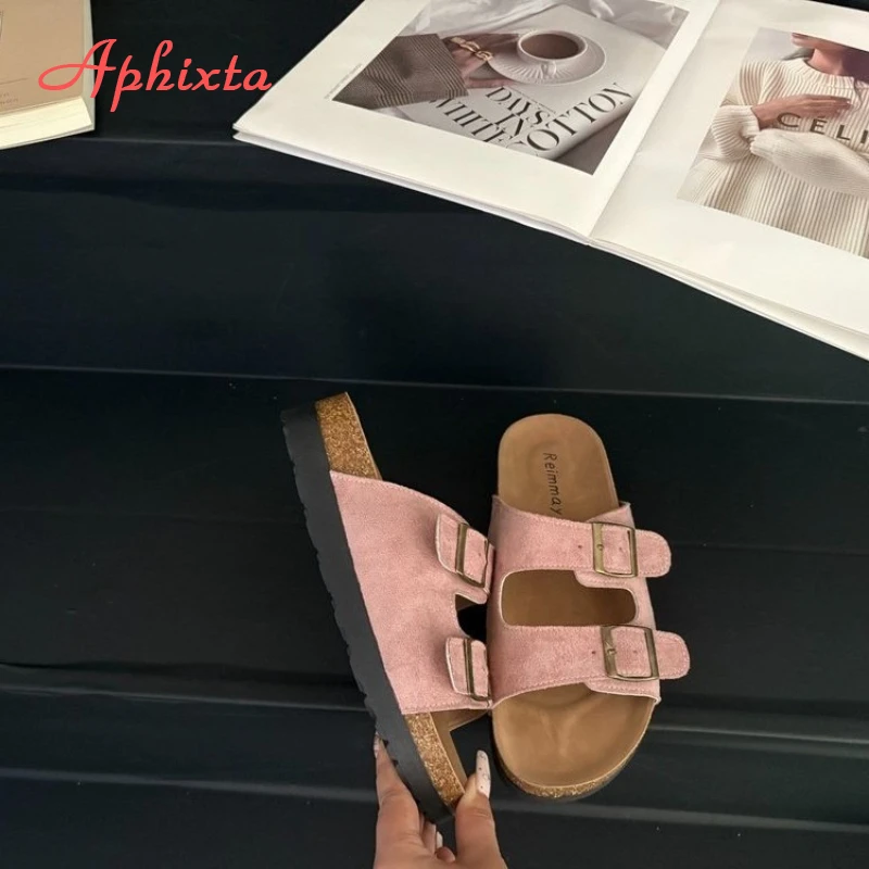 Aphixta Cork Clogs Slippers For Women Classic Suede Summer Sandals Fashion Outdoor Beach Shoes With Adjustable Metal Buckle