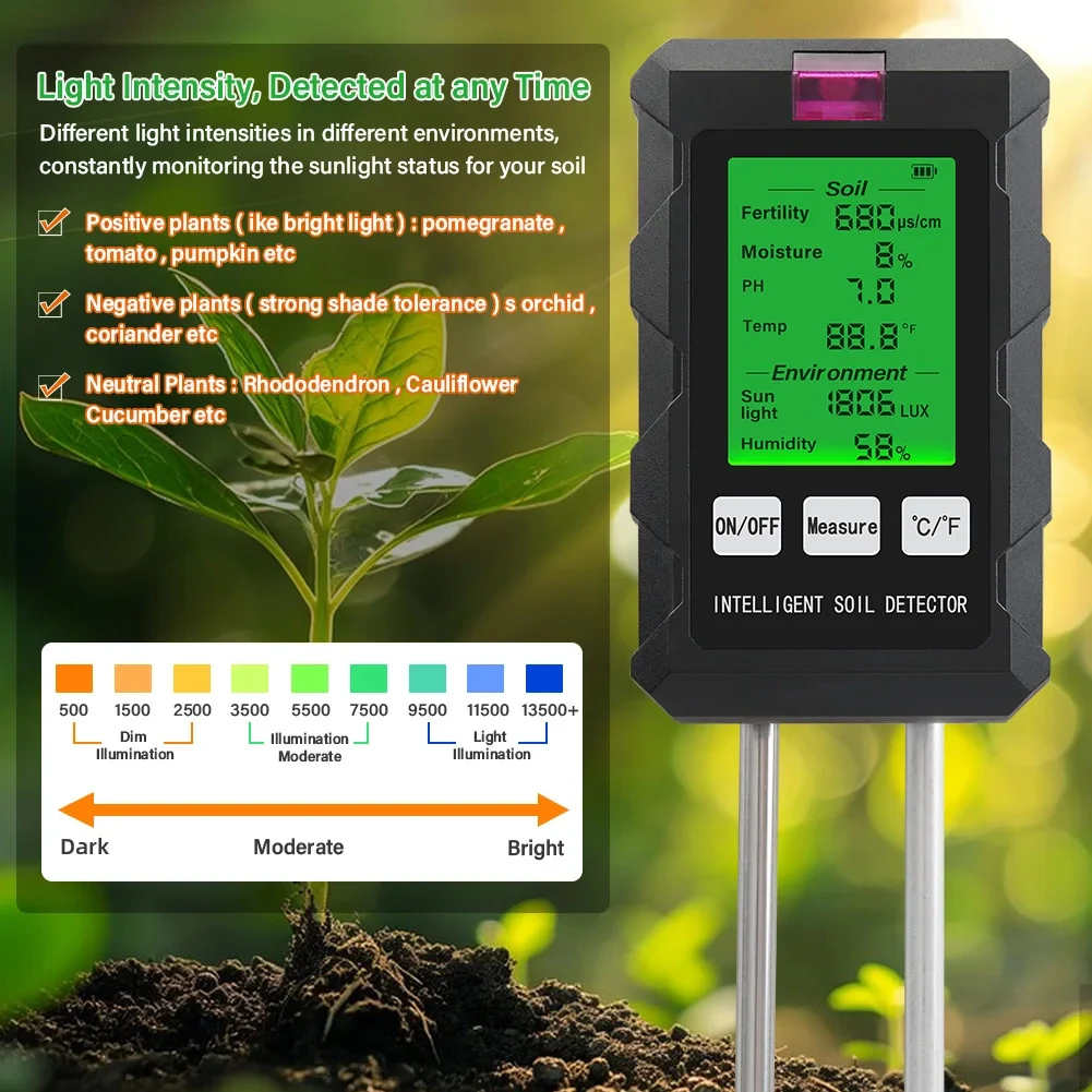 SPH030 6 in 1 Soil Tester Digital PH Moisture Fertility Light Temp Humidity Mete