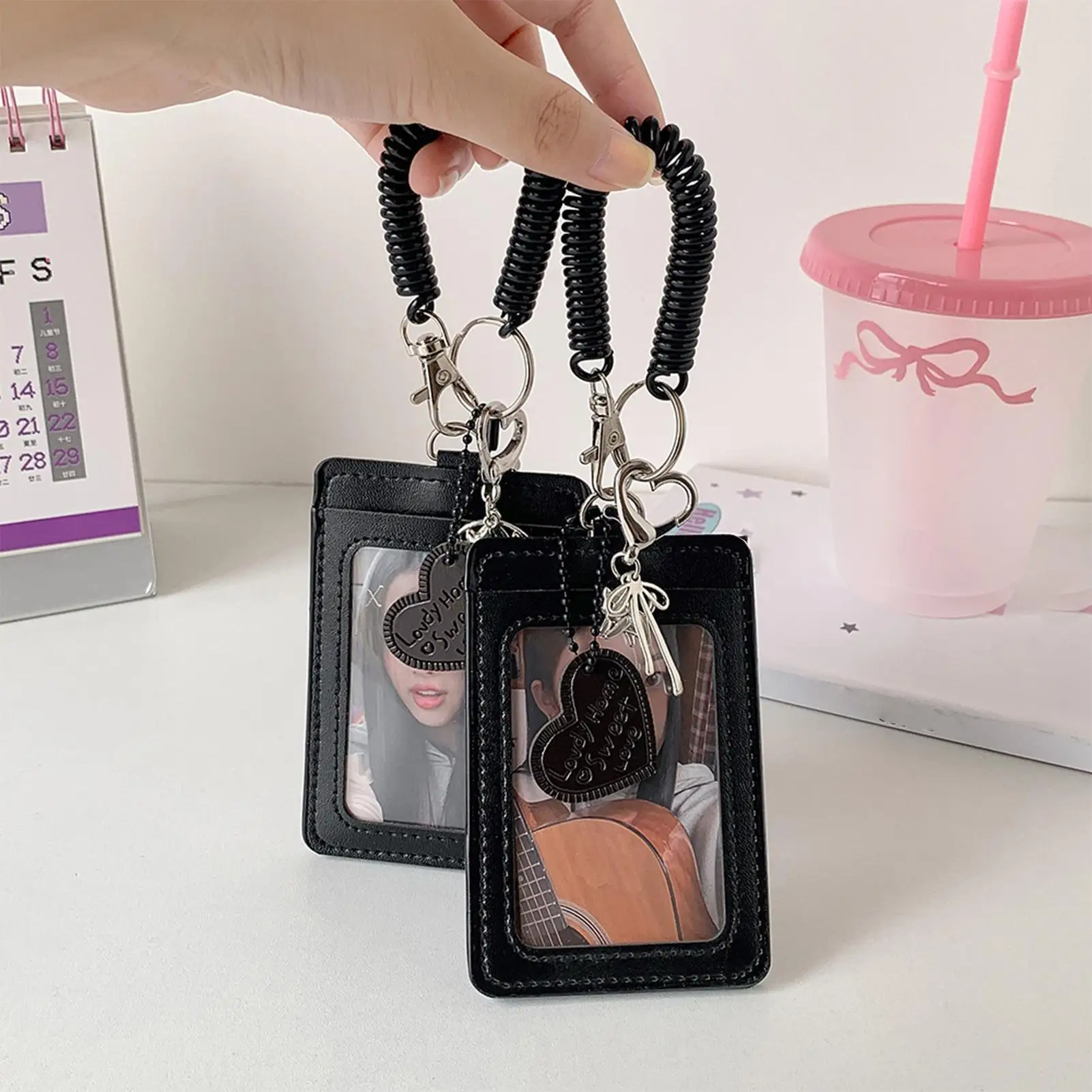 Photo Card Holder PU Leather Identification Badges Case Protective Case With Love Heart Charm Spiral Wrist Coil For Women Men