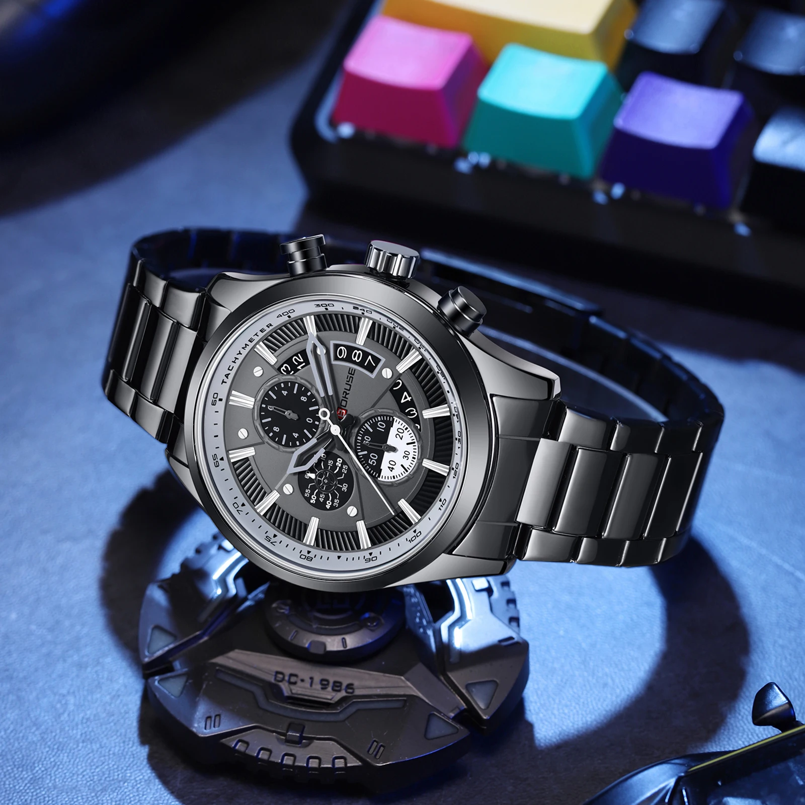 BORUSE Men Watches Waterproof Chronos Black Stainless Steel Band Luxury High Quality Fashion Brand Wristwatches Business Sport