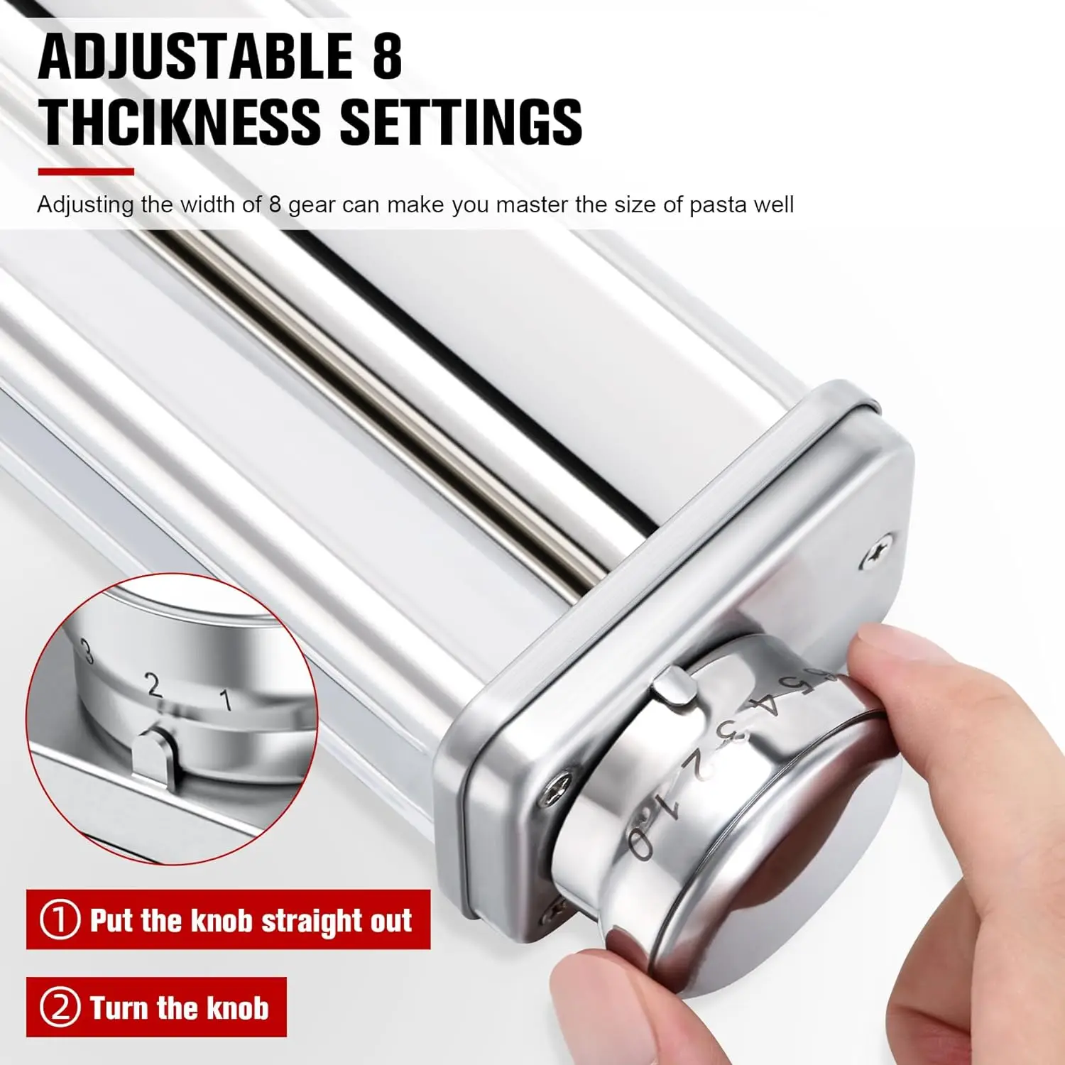 Pasta Maker Attachment Stainless Steel Pasta Roller for Kitchenaid Stand Mixer 8 Adjustment Knob for Kitchenaid Maker pasta press attachment