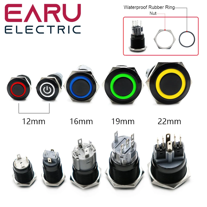 Waterproof Oxidized Black Metal LED Push Button Switch - Latching & Momentary Options, Multi-Voltage Compatibility