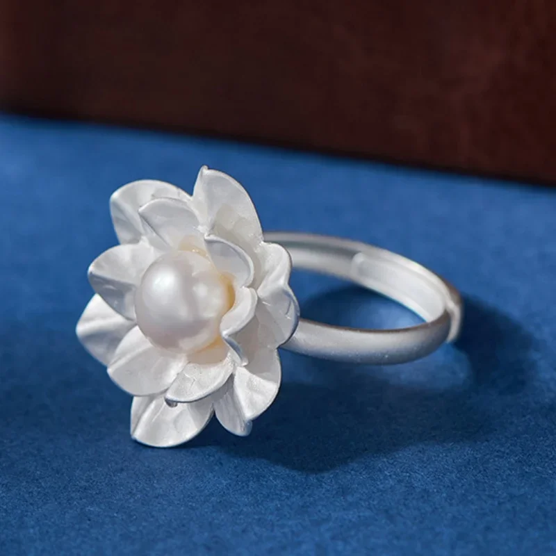 S925 sterling silver rings for Women New Fashion simple 3D flowers inlaid freshwater pearl cool style personality punk jewelry