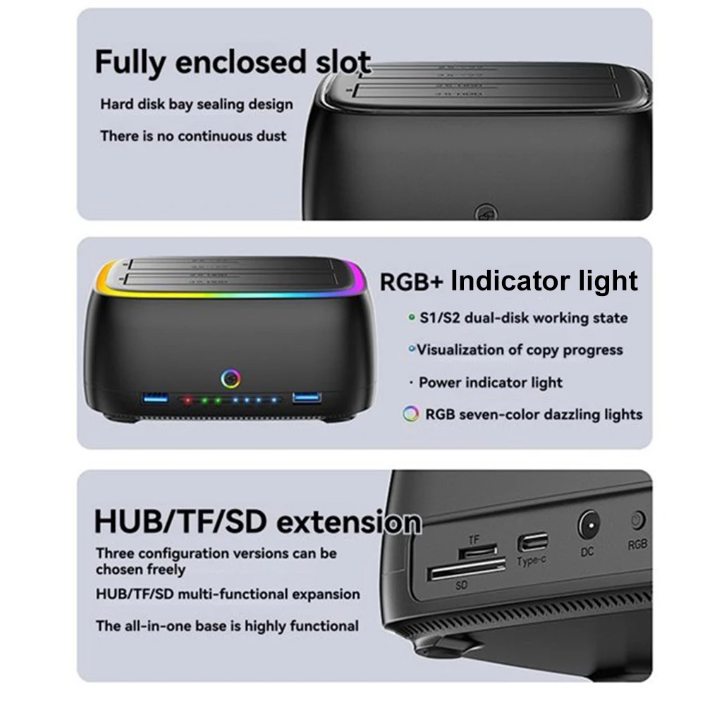 RGB 듀얼베이 HDD 도킹 스테이션 SATA to USB 3.0 어댑터 2.5/3.5인치 HDD 케이스 원클릭 오프라인 복제 하드 드라이브 인클로저