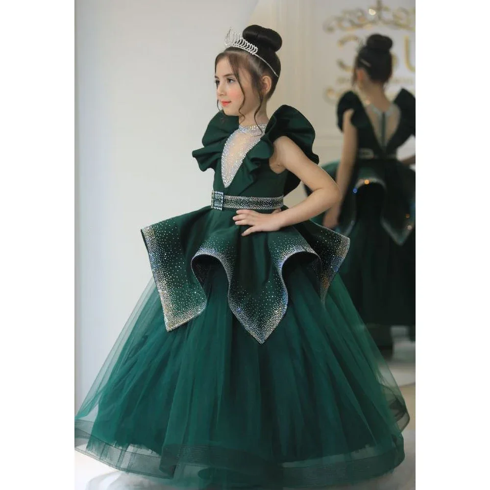 Classic Crew Neck Girl Dresses Sequined Fashion Ruched Floor Length A-Line Birthday Party Gowns Pageant Wedding Dresses
