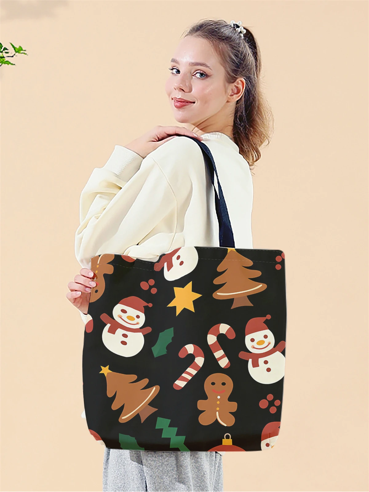 1pc,cartoon snowman handbag, reusable fashionable handbag, multifunctional handbag, printed canvas shopping bag