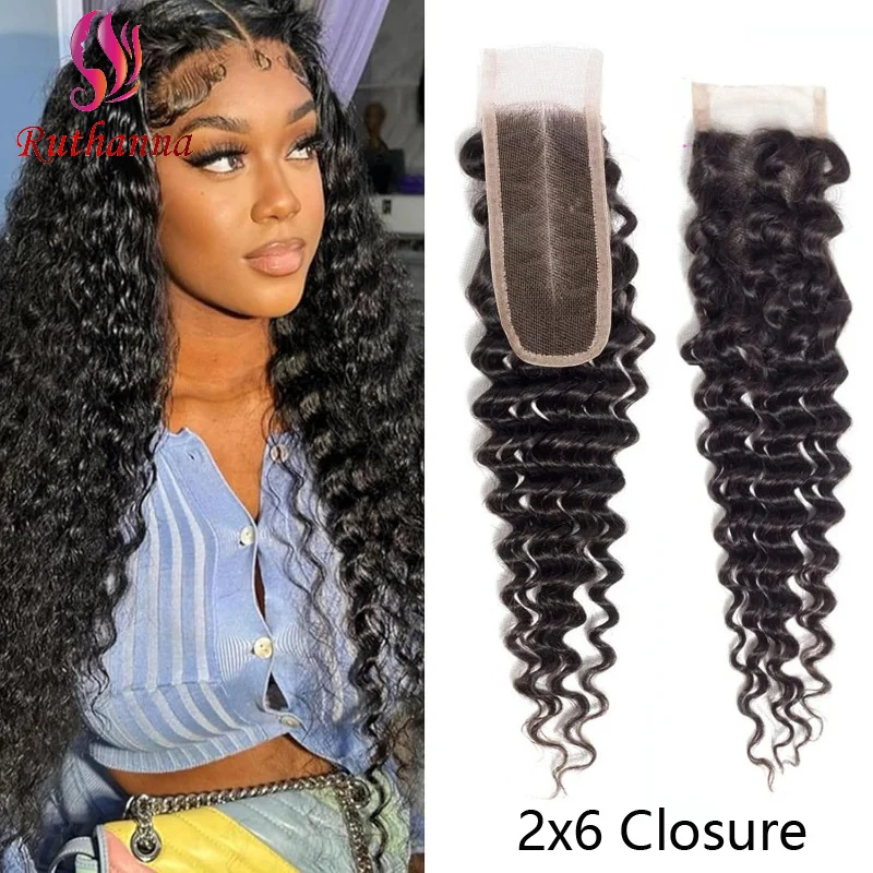 2x6 Lace Closure Deep Wave Human Hair Pre-Plucked Hairline Brazilian Virgin Hair Soft Transparent Lace Closure For Women