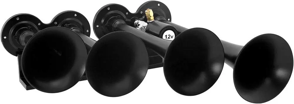 Train Horn Kit for Trucks/Car/Semi. Complete Onboard System- 200psi Air Compressor, 3 Gallon Tank, 4 Trumpets. Super