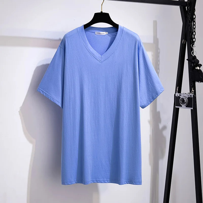 175Kg 7XL Plus Size Women\'s Bust 170 Summer Loose Solid Short-Sleeved V-Neck T-Shirt 2XL 3XL 4XL 5XL 6XL 7XL 6Colors