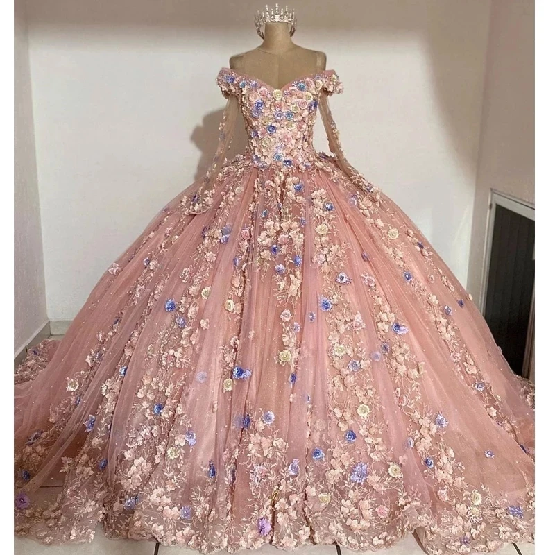 Princess Blush Pink Quinceanera Dresses With Long Sleeve 3d Floral Lace