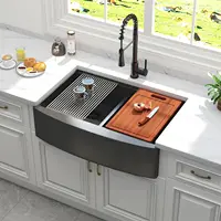 33 Inch Double Bowl Black Farmhouse Workstation Sink Stainless Steel HERCATE Apron Front Workstation Sink 16 Gauge Gunmetal 1