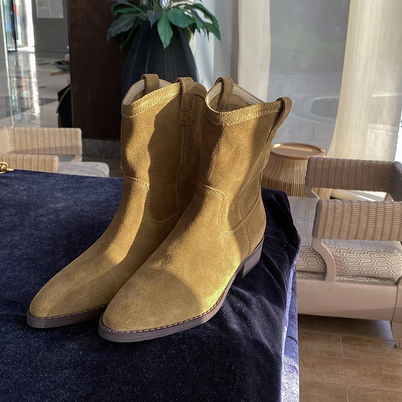 

New Leather Western Boots Woman Pointed Toe Slip-on Cowboy Ankle Boots Winter Shoes Women Fashion Chunky Heels Botas de mujer
