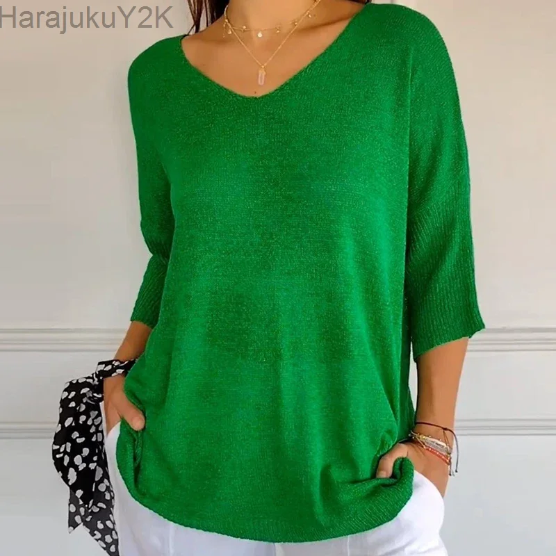 

Simple Casual Solid Loose-fitting Sweater Women New Spring V Neck Bottoming T-shirt Autumn Half Sleeve Thin Knitted Top Pullover