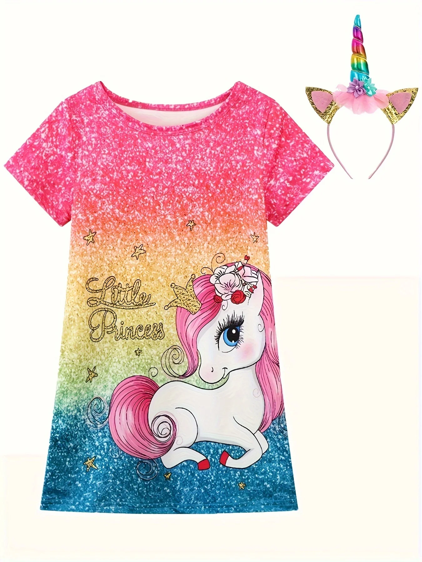 thumbnail image 1 of Girls Casual Cartoon Unicorn Printed Pattern Sweet and Cute Short Sleeve Pajama Dresses, 1 of 5