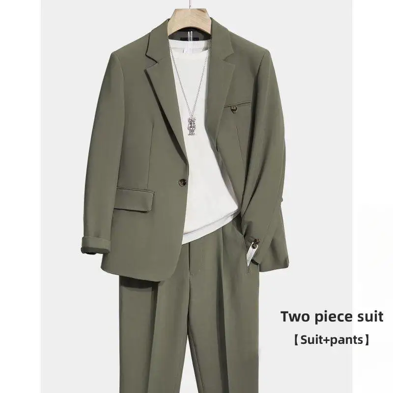 Men Fashion Spring Autumn Business Casual Office Suits New Suit Set Men Trendy Summer Korean Pure Color Loose Two-piece Set
