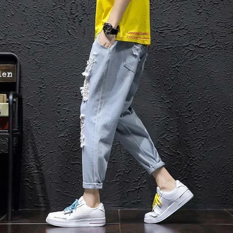 Loose Male Cowboy Pants Cropped Trousers Ripped Broken with Holes Men's Jeans Baggy Torn Japanese Street Style Korean Trend