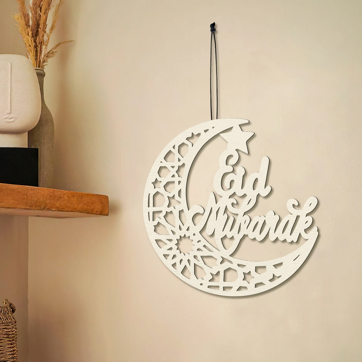 1PC, creative black natural wood color wooden retro pattern moon-decorated pendant, Eid Mubarak festival home decoration pendant